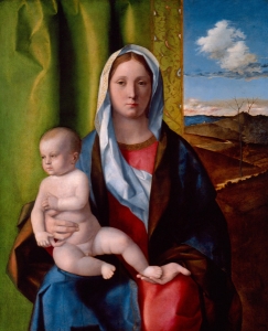 Madonna and child, Giovanni Bellini (1510) › "Très belles, les Madones de Bellini se ressemblent toutes. La Vierge est toujours vêtue d'un manteau bleu qui lui couvre la tête, laissant dépasser sur le front un voile blanc. Les pans du manteau entrouverts laissent voir une robe, toujours rouge. Le Bambino est nu et Marie, qu'elle le contemple de haut ou porte au loin le regard, ne sourit jamais. Elle paraît absente et rêveuse.", Michel Mohrt, Les dimanches de Venise